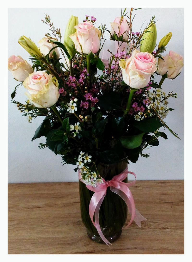 VASE WITH PINK ROSES AND LILLIES FOR A BIRTHDAY