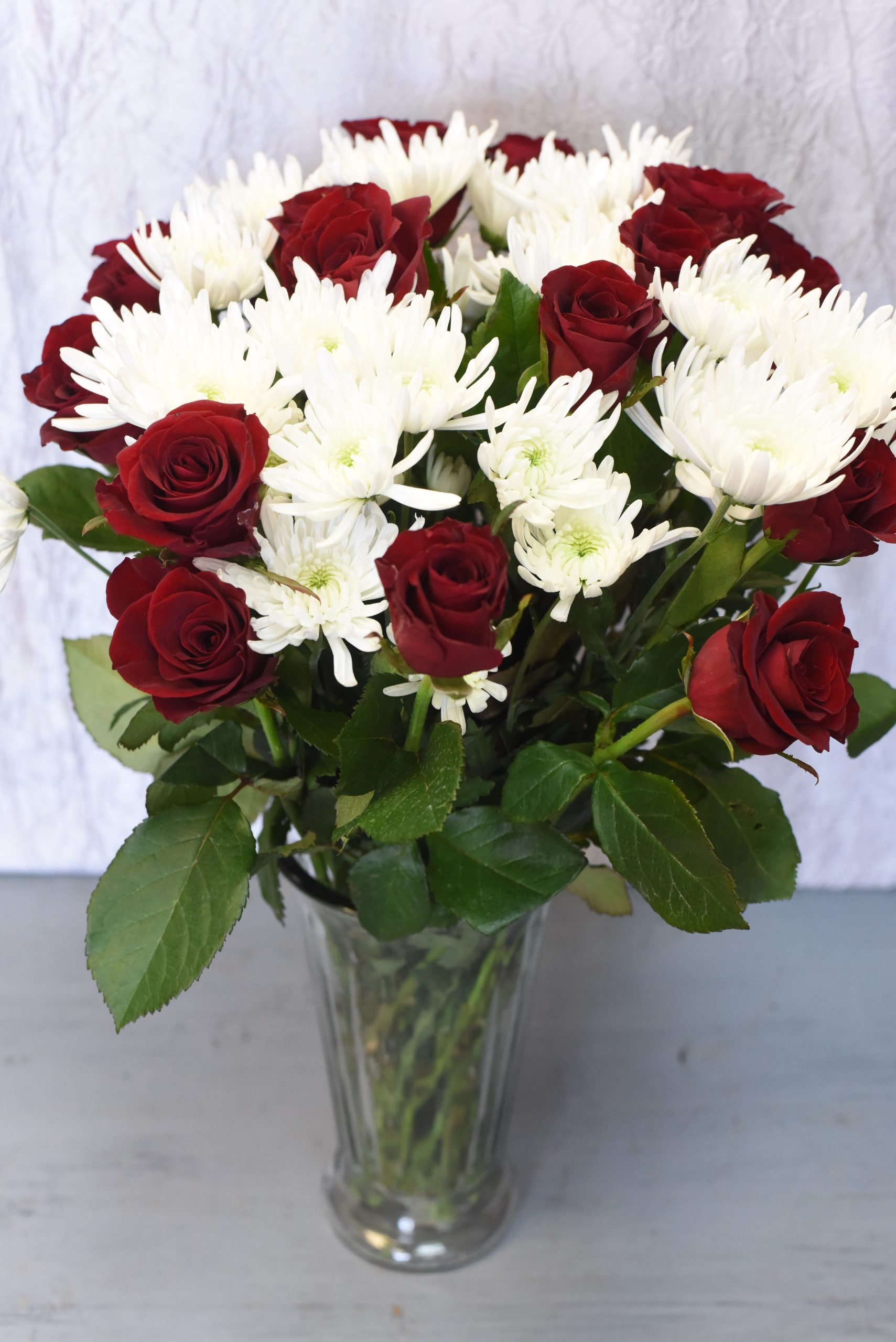 Red Roses & White Flower Vase